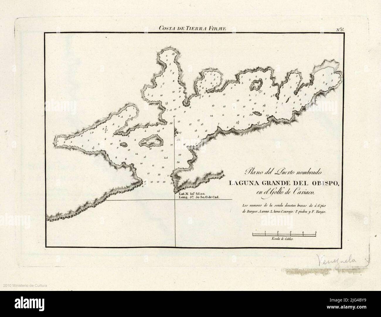 Porto del porto nominato Laguna Grande del Obispo: Nel Golfo Cariaco. Presenta la laguna e le sue isole coordinate riferendosi al Meridiano di Cádiz. Orientato con il lis medio di rilievo costiero rappresentato dall'ombreggiatura indica che le sonde batimetriche notano che i numeri delle sonde sono 6 piedi di fathoms di Burgos e la qualità del fondale marino Foto Stock