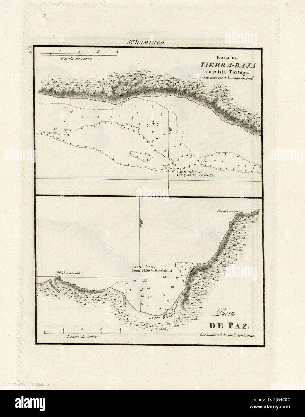 Porto di pace. Rada de Tierra-Baja sull'isola Tortuga presenta il porto e la costa dalla punta dei tre fiumi a quella del falco coordinate riferendosi al meridiano di Cádiz. Orientato con rilievo lis medio rappresentato da ombra e in profilo indica sonde batimetriche e isoletta di batimetria indica che i numeri delle sonde sono fatom Foto Stock