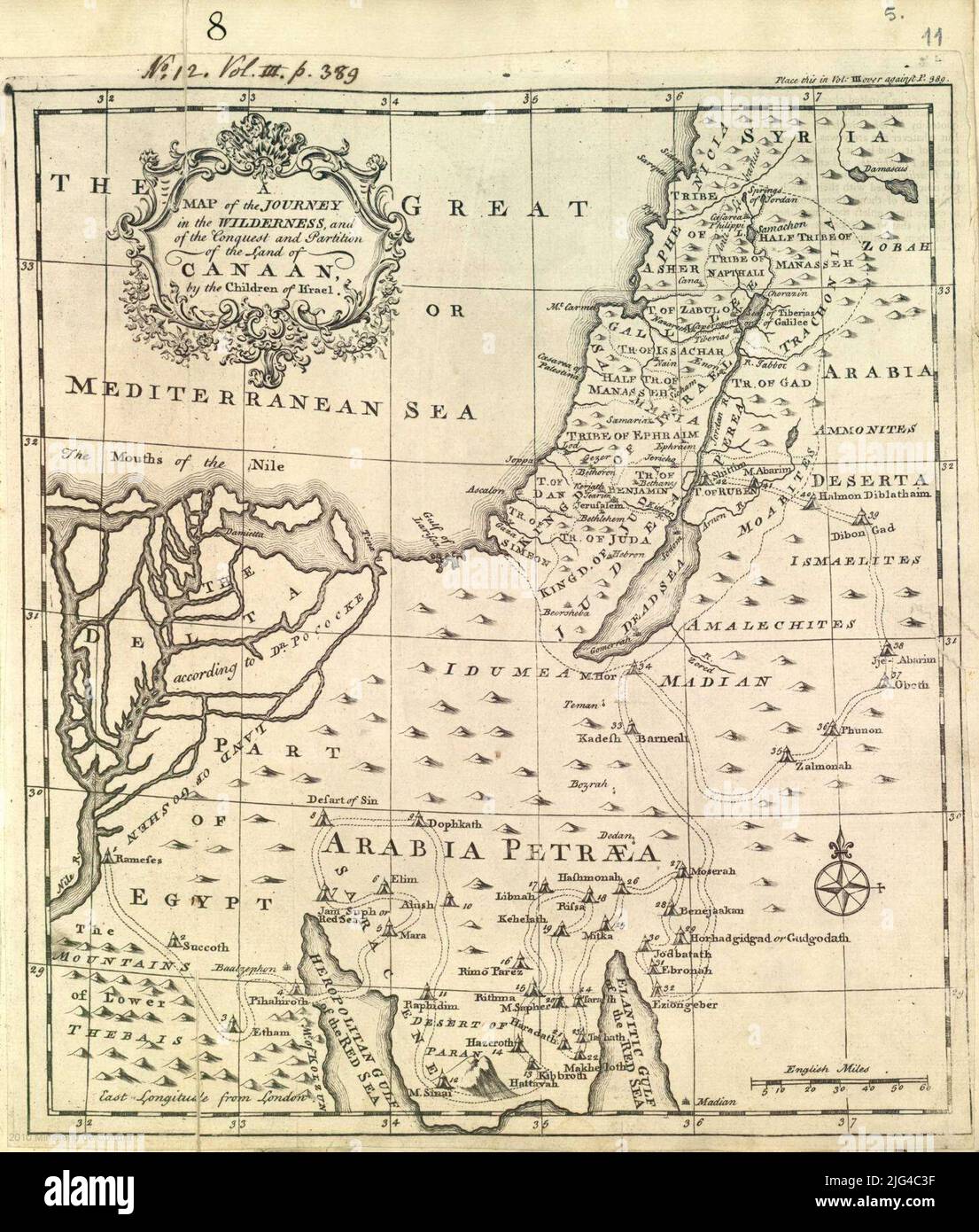 Mappa del viaggio nella natura selvaggia e della Conca e partizione della Terra di Canaan : dal bambino di Ifrael. I margini Meridian e graduati paralleli formano una scala orientata a 60 60 grid inglese con lis a quattro venti. Indica la strada e i giorni, numeri, con tende in alto a sinistra: 'No 2. Vol. III. P. 389' titolo incorniciato in poster barocchi Foto Stock