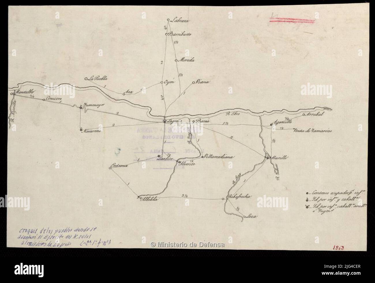 [Sur per i dintorni di Logroño dove l'esercito del N.]. Comprende l'area tra le popolazioni di Montalbo, treno, Leza e Arrubaro a Logroño, Viana a Navarra, e Lapuebla de la Barca e Barriobusto in titolo proprio di Álava scritto dal contenuto scientifico del documento Data preso dal catalogo della SGE: ' Mappe. Castilla la Vieja. Provincia di Burgos e Logroño '. 1967, pag.176 Scala trovata per confronto con altri documenti di caratteristiche simili indica strade e popolazioni Tabella di segni convenzionale per indicare i cantoni occupati da fanteria e cavalleria, artiglieria ed e Foto Stock