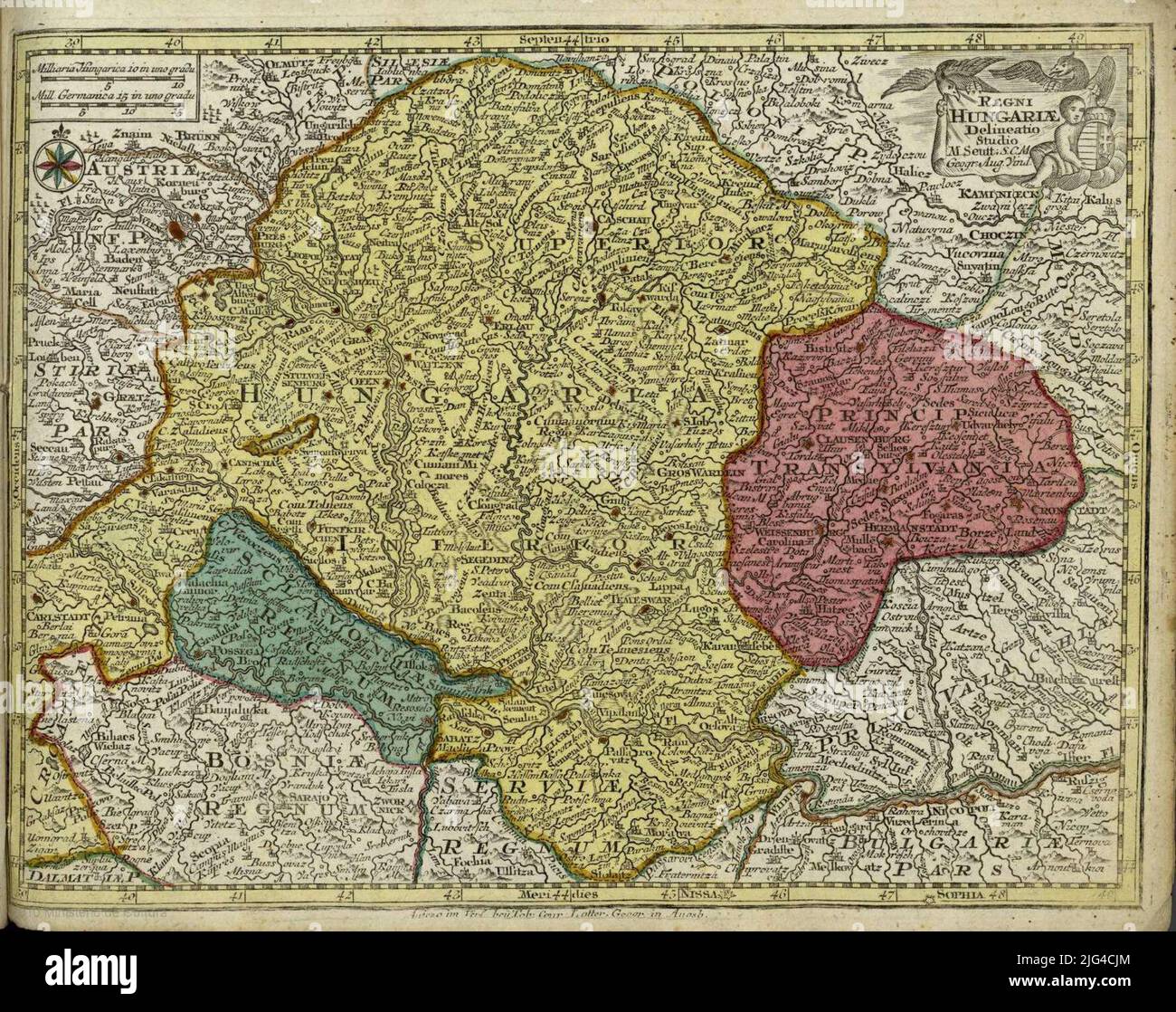 Regno di Ungheria: [Map]. Scala grafica, oltre a: 'Milaria Hungarica 10 in una gradu'. COORDINATE: E39 00'-E49 00 '/N49 30'-N44 10'. Senza specificare il titolo meridiano nella cartela Orlada con puti che porta scudo colorato le diverse divisioni amministrative orientate con lis e venti di venti Foto Stock