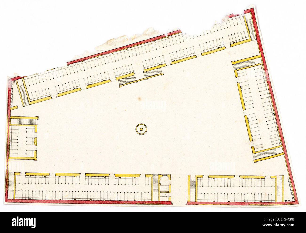 Casa del Re a Cartagena. Scritto a mano con inchiostro nero e illuminato all'acquerello in grigio, verde, carmin e giallo accompagnato da sei piani che indicano il primo, il secondo piano e il tetto dell'edificio Foto Stock