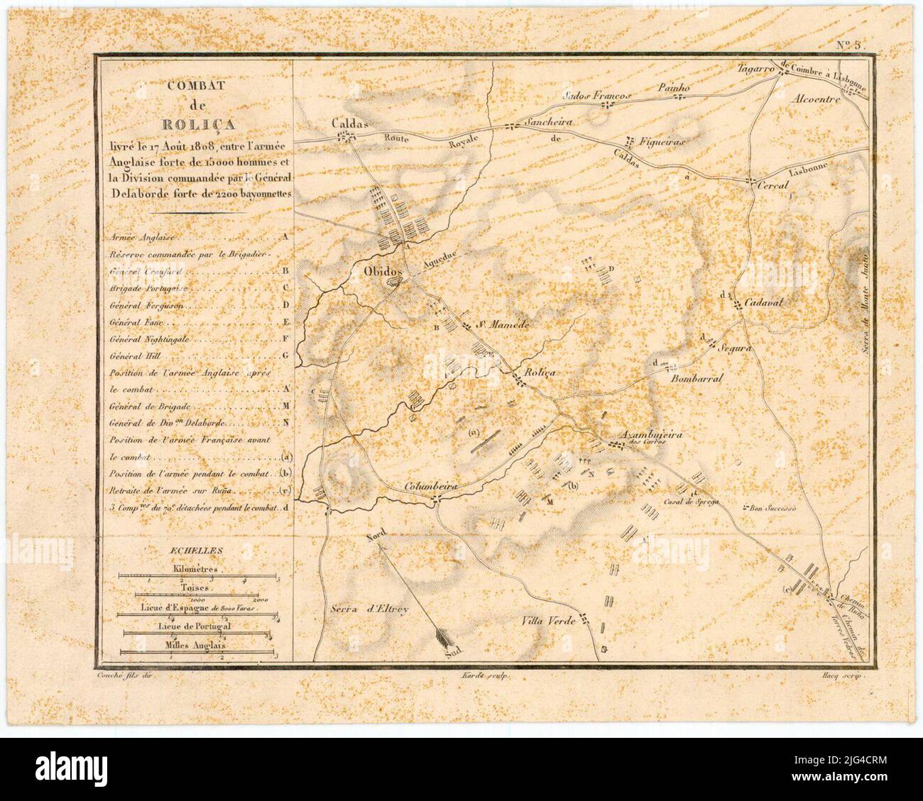 Rolica Fight: Consegnato il 17 agosto 1808, tra l'esercito inglese con 15.000 uomini e la divisione comandata dal generale Delaborde con 2200 bayonette. Scale grafiche di 5 km, 2000 toise, 3/4 Liene d'Espagne di 8000 aste, 3/4 Liene de Portugal, 3 miglia anglais orientata con una freccia liberata rappresentata dalla normale relazione tra le diverse forze coinvolte e i loro movimenti indicati da un tasto alfabetico nel margine superiore destro Foto Stock