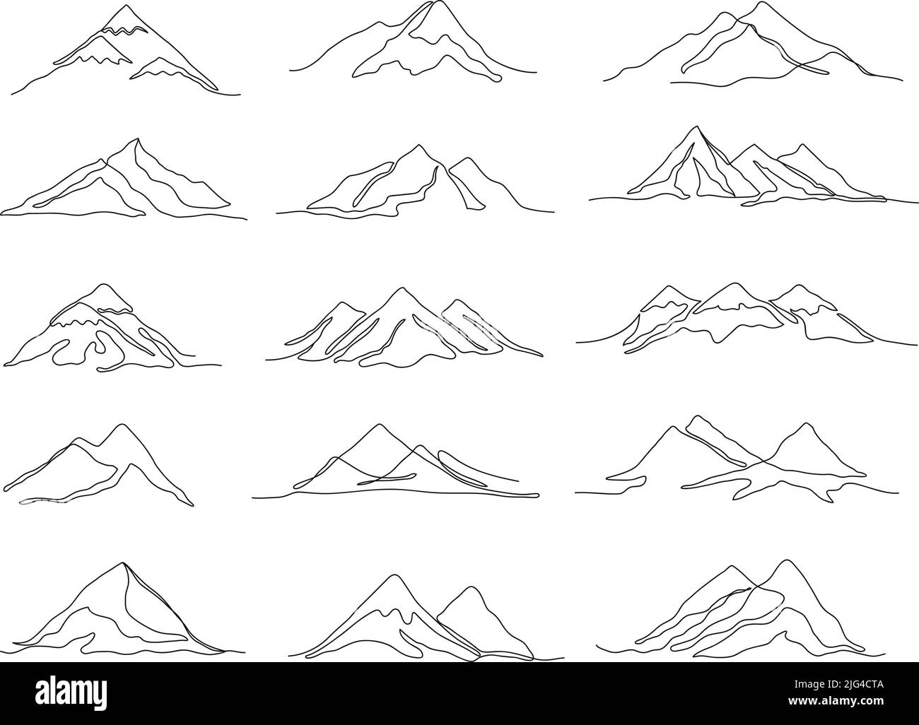Montagne a una linea. Gamme lineari di montagna e picchi a contorno continuo, insieme di illustrazione vettoriale di viaggio paesaggio Illustrazione Vettoriale