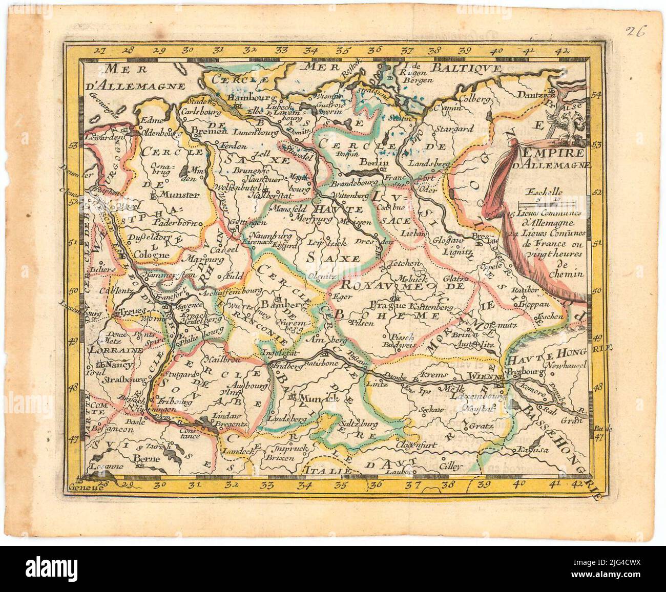 Germania Impero. Comprende Germania e Austria Scala grafica in aggiunta a 24 leghe comuni della Francia [= 1,7 cm]. Coordinate che si riferiscono ad un meridiano non specificato (E27 ° -E42 °/N55 ° -N46 °). Riquadro geografico di 1° nel 1st titolo in poster con aquila imperiale è apparentemente un atlante manuale, foglio N 26 Foto Stock