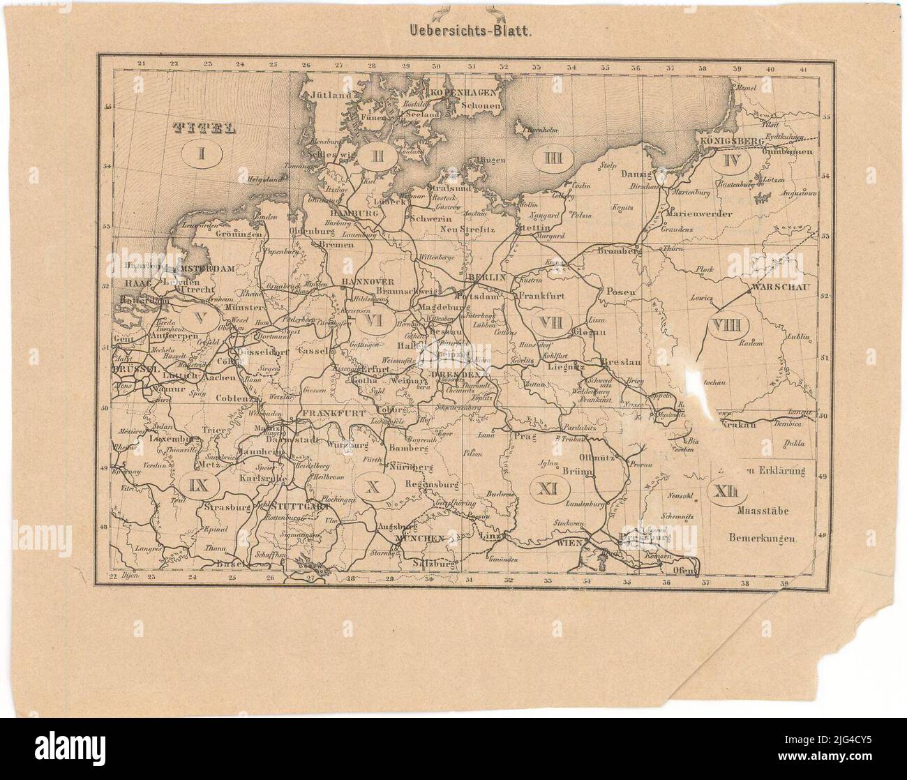 Mappa dello Stato Prenssiano con particolare attenzione alle comunicazioni: Edito secondo fonti ufficiali e pubblicato su Order Sr. Exc. Del Ministro del Commercio, del Commercio e dell'Offentl lavoro: 12 fogli nel Maafsstabe del 1: 600000. Comprende la Germania e parte della Polonia scale grafiche in miglia, metri e miriametri. Coordinate riferite, apparentemente, il meridiano di ferro (e 20 ° 45'-e 41 ° 30 '/n 56 ° 00'-n 47 ° 45'). 5th rete geografica nel 5th il rilievo rappresentato da Ombed indica le sonde bathimetric Tabella dei segni convenzionali per indicare i centri di popolazione di categoria differente, commun Foto Stock