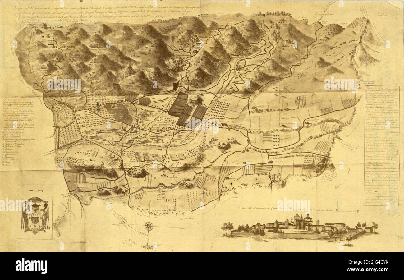 Mappa RL. Monastero di religiosi cistercensi qe. Situato nel Principato di Catalogna dedicato a Ntra. Sig.ra con un titolo di Poblet: Con tutta la sua terra e circonferenza di cui [...] è delineato nel modo Antonio Vergaguer Pintor e architetto, discepolo della RL. SN Academy. Fernando, che concorda con la lettera di [...] fatta dal conte di Barcelna. DN. Ramon Berenguer Qe. Dare questo nome in theñomil cento cinquanta [mappa]. Comprende il intorno al monastero di Poblet nella parte nord-occidentale del Partito giudiziario dei Valls orientato con Lis in rosa di otto venti Profilo orografia relazione Foto Stock