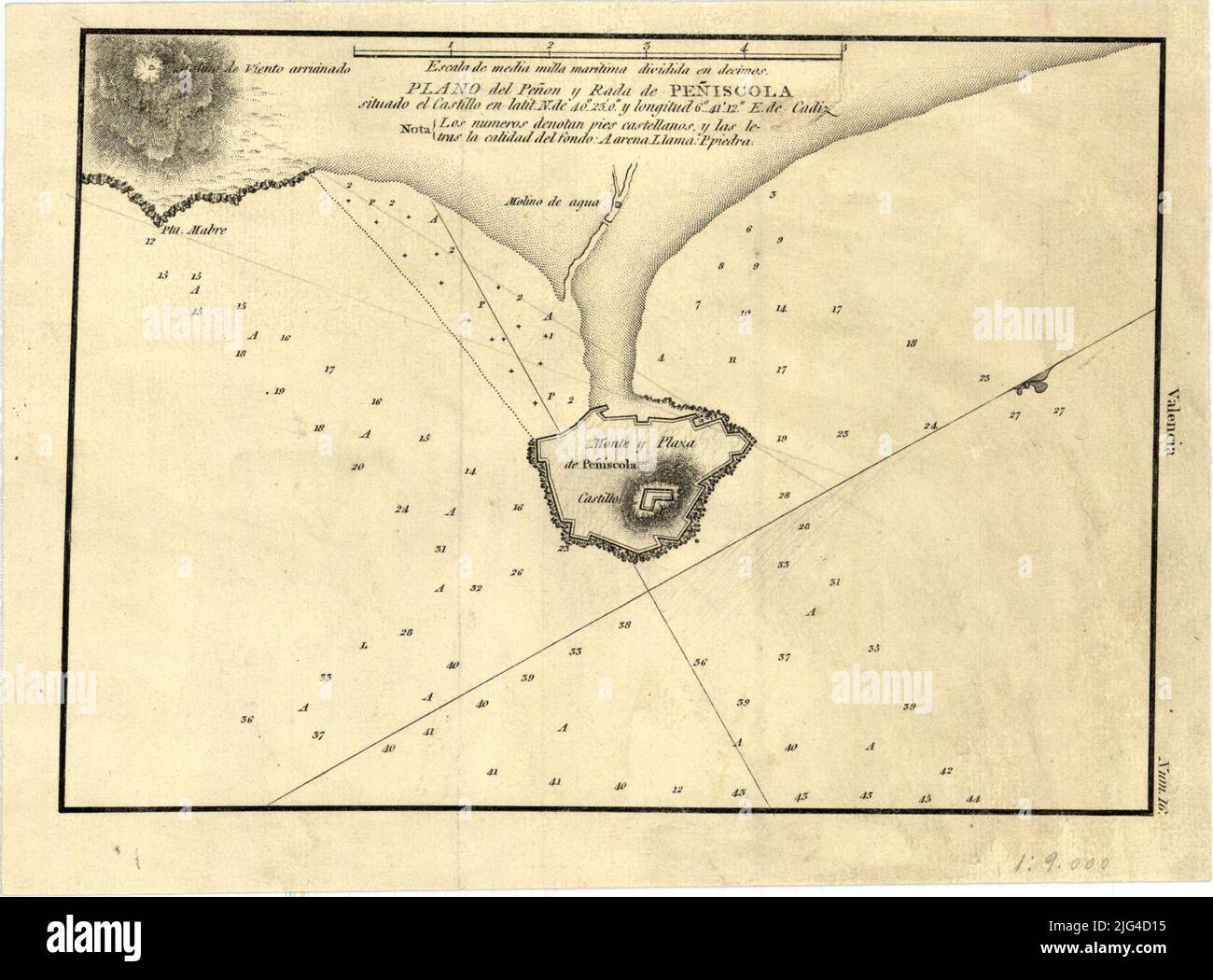 Peñón e Rada de Peñíscola [materiale cartografico]. Menzione di responsabilità e piede di stampa preso dalla copertura dell'Atlante in cui è apparsa pubblicata questa scala grafica di 1/2 miglia marine [= 10,4 cm]. Coordinate del castello riferite al meridiano di Cádiz (e 6 ° 41'12 '/n 40 ° 25'00') orientata con metà lis in quattro rumbo nodo nel margine destro: 'Valencia' questa lettera nautica è stata anche pubblicata nel 'Portulaan della penisola di Spagna: Quaderno 2, Costas de Valencia e Murcia Foto Stock