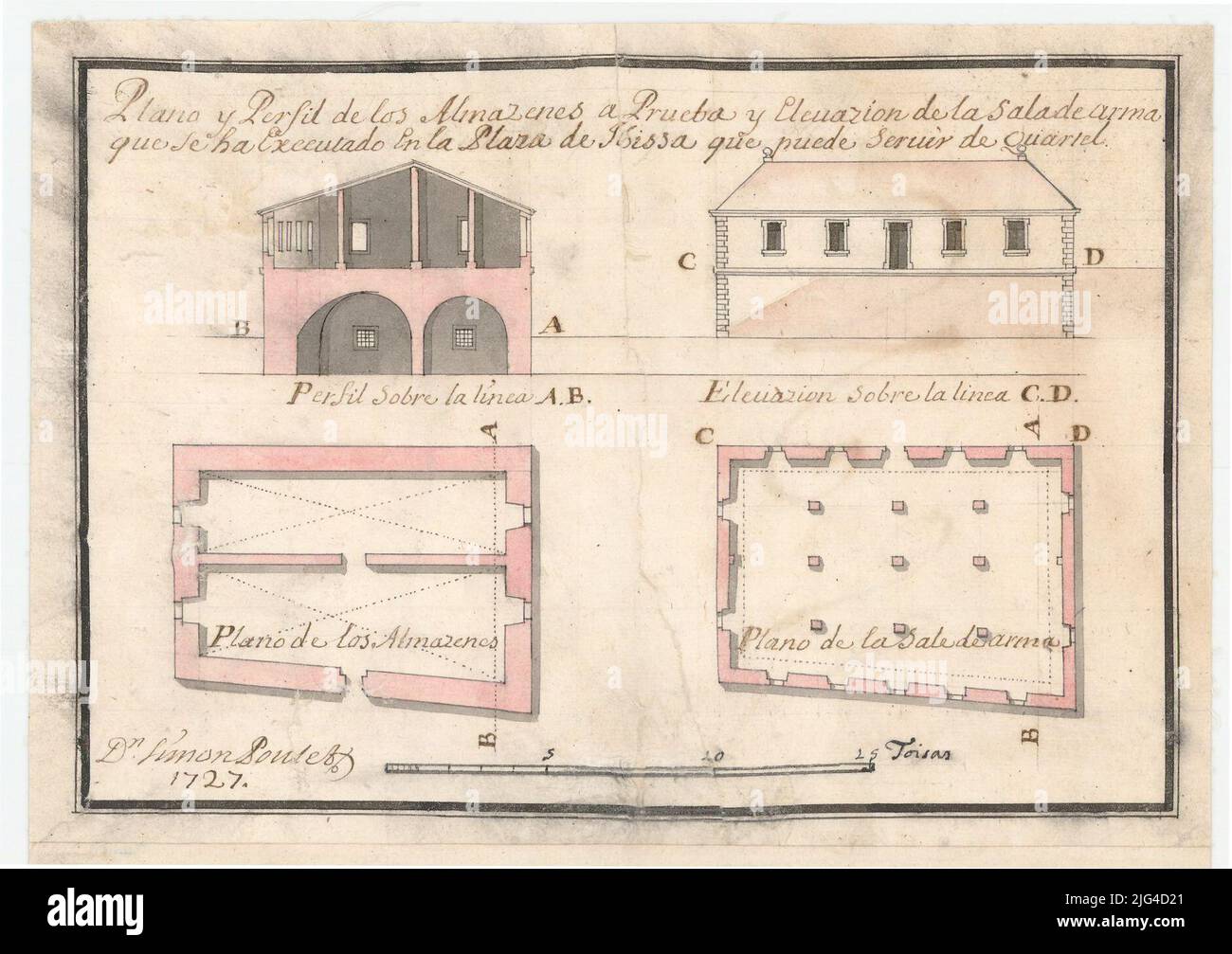 Aereo e profilo delle anime testato e l'elevazione della sala delle armi che è stato eseguito nella piazza Ybissa che può servire come Quartel. Manoscritto firmato e datato a Plumilla in inchiostro nero e illuminato all'acquerello in grigio, Siena e Carmin è anche disponibile al documento E02565 insieme a questo Foto Stock