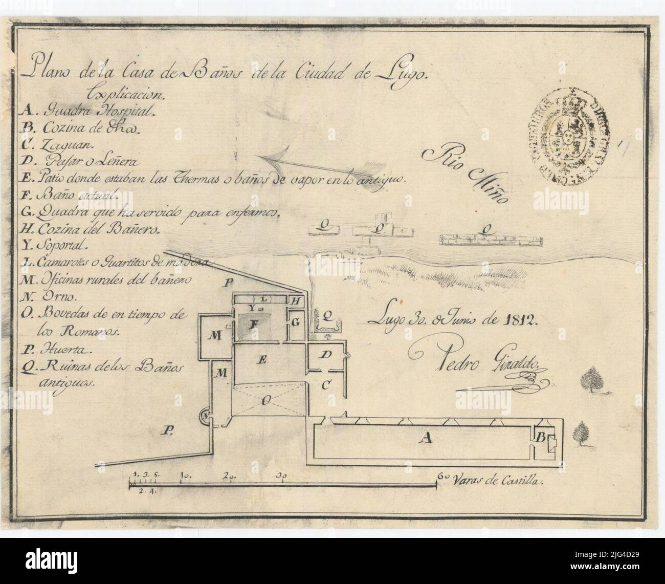 Lugo City Bath House Plane [Mappa]. Firmato e firmato dalla scala autore di 60 aste di Castiglia [= 12,4 cm]. Orientata verso il nord geografico delle unità termali indicate in ordine alfabetico, appare il sigillo della direzione generale. Corpo di ingegneri Foto Stock