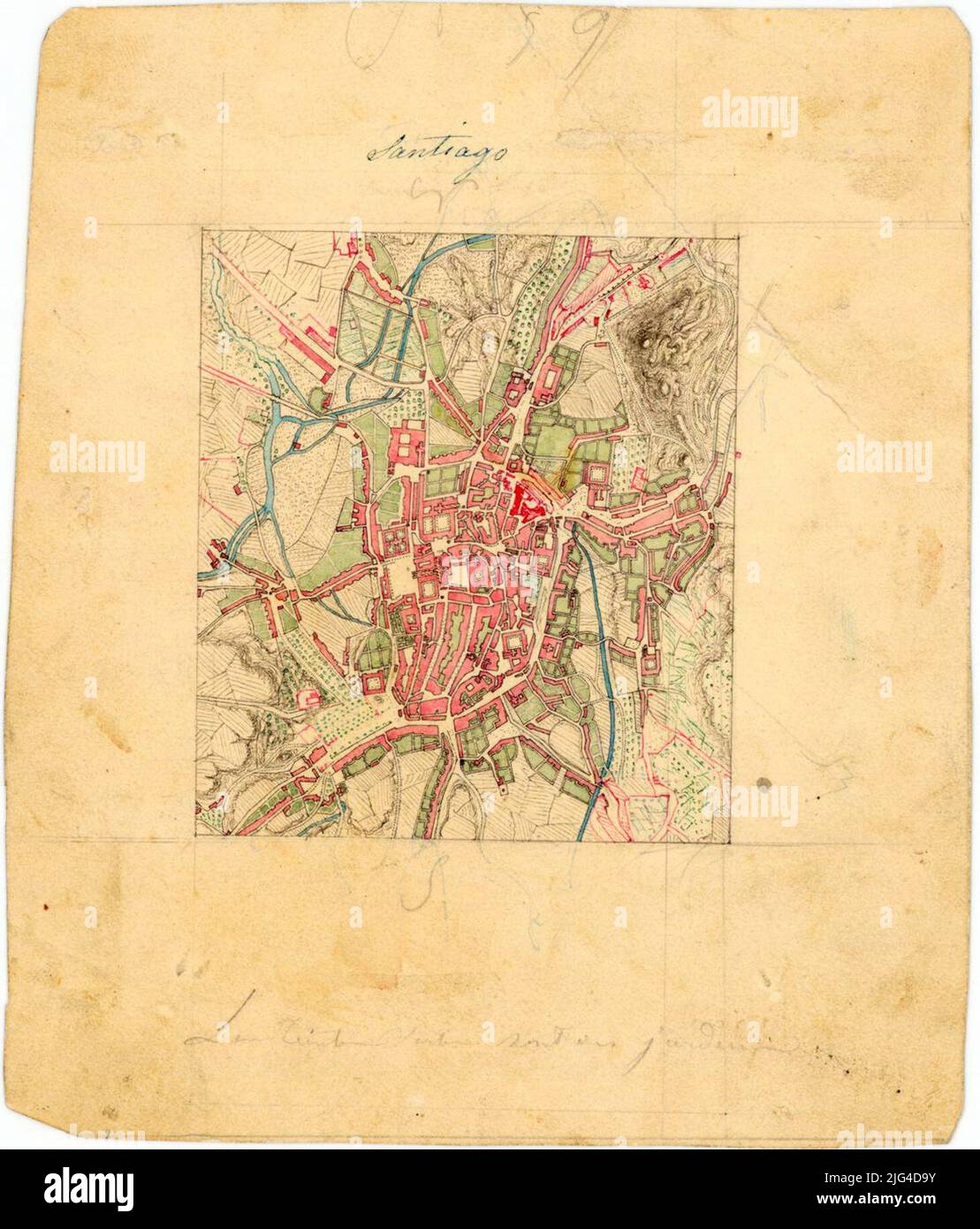 Santiago. Questo è il minuto originale di uno degli inserti della mappa di la Coruña, pubblicato nel 1865, realizzato da Francisco Coello, con note storiche di D. Pascual Madoz e topografia di D. Ramón Alabern di cui quattro copie sono conservate con SEGNO. AR.e-T.3-C.3.22 indica con grande precisione e senza toponimia la struttura del nucleo urbano, i suoi accessi e i frutteti e le opere che lo circondano manoscritto a matita e penna con inchiostri rosso, verde e blu Foto Stock