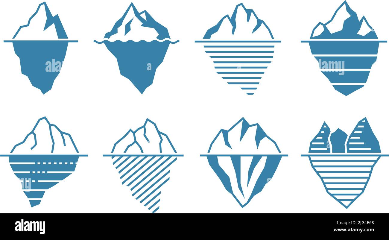 Iceberg piatto. Acebergs galleggianti con parte e punta subacquea, modello infografico e set di illustrazione vettoriale del ghiacciaio artico Illustrazione Vettoriale