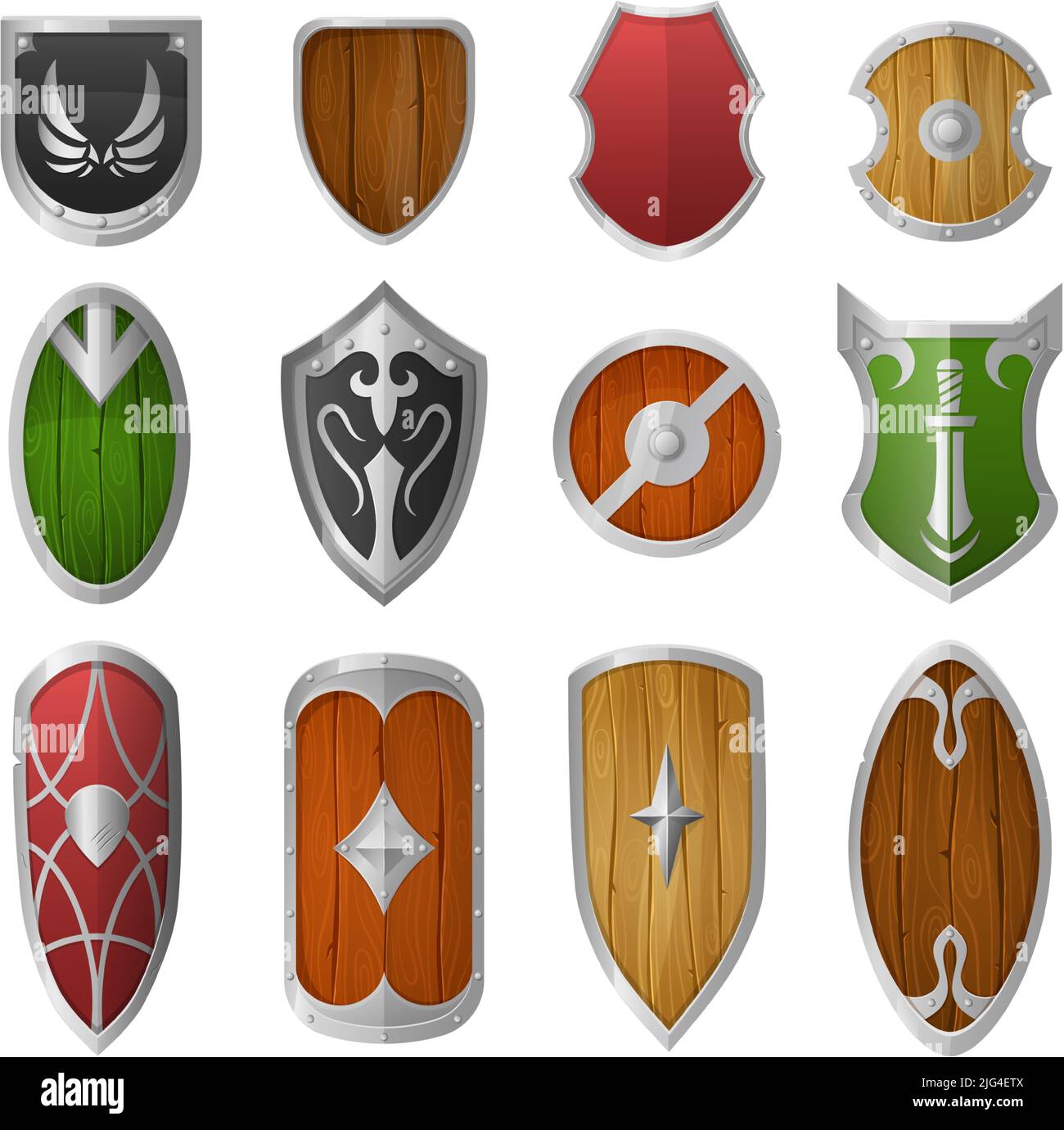 Schermi cartoni animati. Armatura in legno e metallo, difesa militare medievale cavaliere scudo vettore illustrazione set Illustrazione Vettoriale