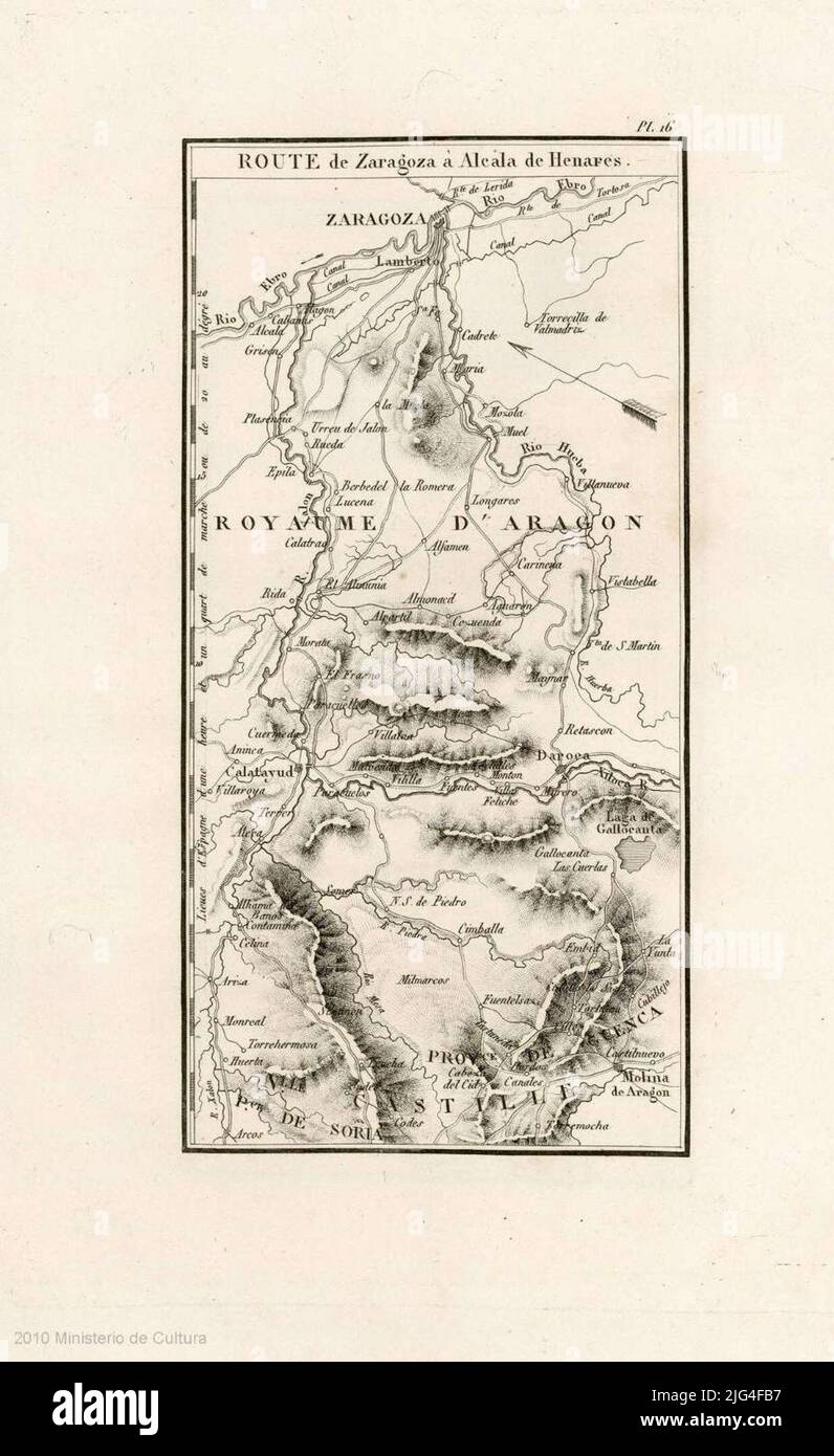 Route de Zaragoza fino ad Alcala de Henares: [Carta degli Itinerari]. Rilievo: Ombreggiato con un Foto Stock
