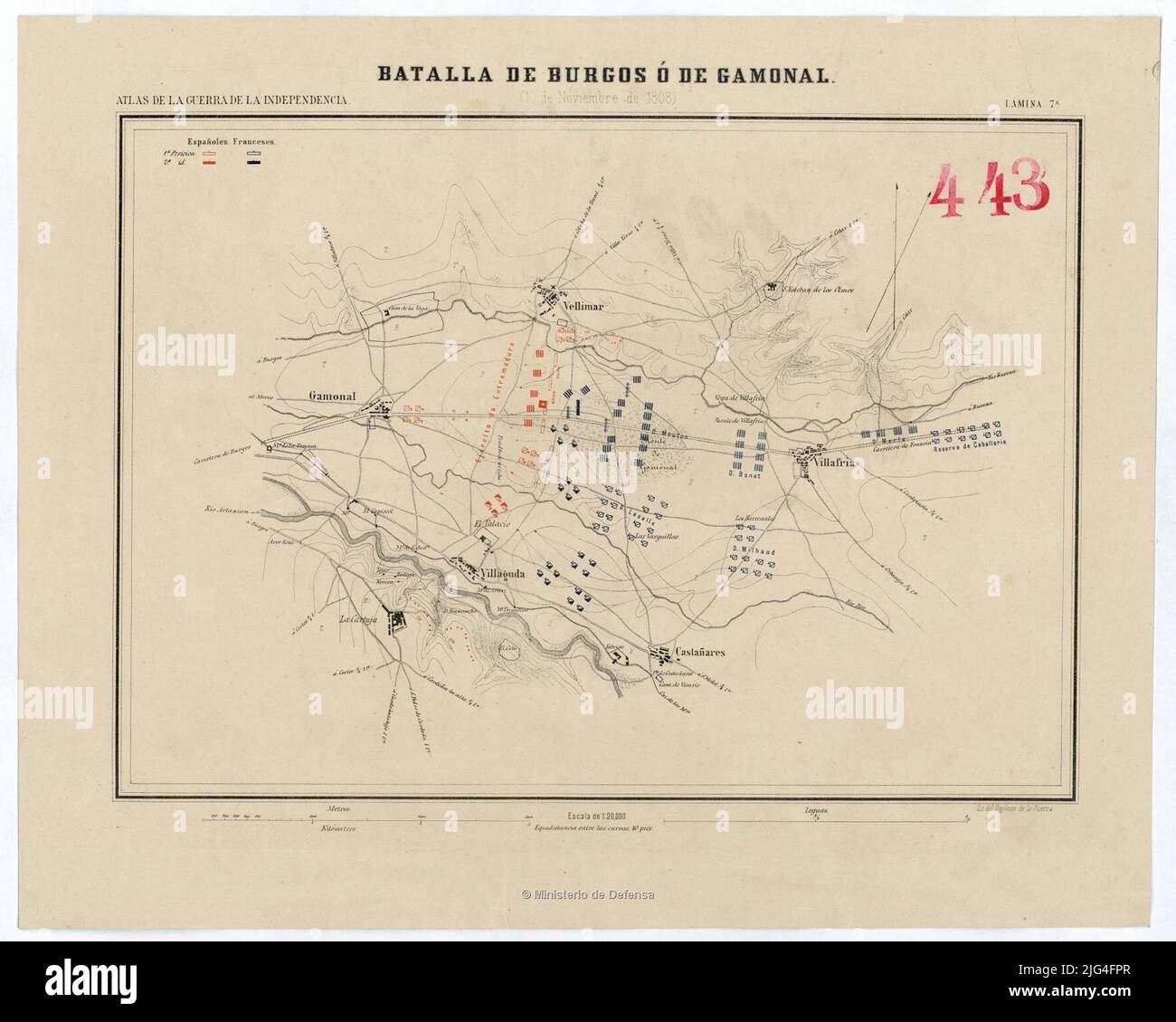 Battaglia di Burgos o Gamonal (10 novembre 1808). Esso comprende parte del comune di Burgos orientata al rilievo geografico nord rappresentato da curve di livello equidistanti 40 piedi indica la situazione e il movimento delle truppe spagnole e francesi con chiave cromatica appartiene a: 'Atlante della Guerra d'Indipendenza'. 7th foglio nell'angolo superiore destro: '443 Foto Stock