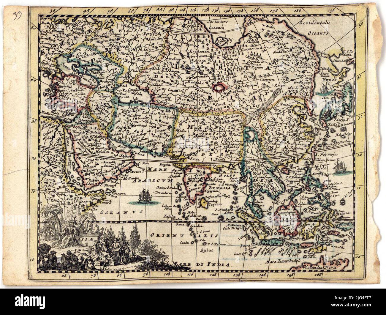 Asia. Scala rilevata da un grado di latitudine [= 5 cm]. Coordinate riferite, apparentemente, al meridiano di Parigi (e 38 ° 00'-e 198 ° 00 '/No. 00'-S 14 ° 00'). Rete geografica di 10 'nel 10' rilievo di profilo nel margine superiore sinistro: '33' titolo incorniciato in cartela decorata Foto Stock