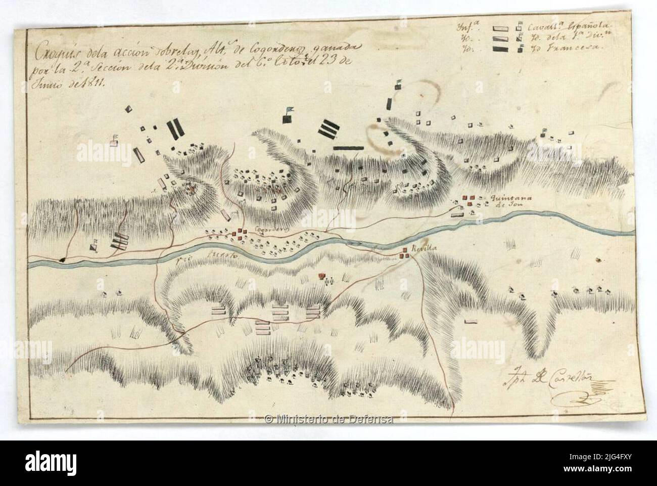 Schizzo dell'azione sugli ALTS. Di cogorderos vinto dal 2nd. Sezione del 2nd. Divisione dell'estremo 6. Giugno 23, 1811. Comprende parte del comune di Villamejil (con i luoghi di Cogorderos e Quintana de Fon e Aldea de Revilla), appartenente al Partito giudiziario di Astorga, in provincia di León manoscritto firmato e firmato dall'autore. Inchiostro nero e acquerello colorato, carminio, rilievo blu e violetto rappresentato attraverso la tabella dei segni convenzionali per indicare le posizioni della cavalleria spagnola, e il 1st. E 2nd. Divisione di fanteria, e quelle dell'esercito francese Foto Stock