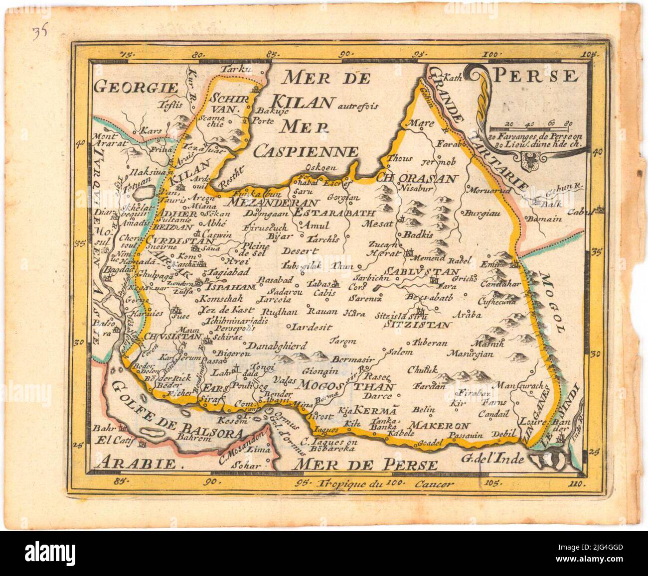 Perse. Coordinate riferite ad un meridiano non specificato (E74 ° 30'-E105 ° 00 '/N41 ° 00'-N24 °). 5th riquadro geografico in rilievo del profilo 5th indica i bordi a colori Foto Stock