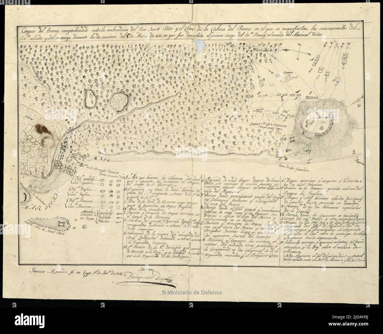 Schizzo della terra tra la foce del fiume Santi Petri e la collina della testa del maiale in cui si manifestano i movimenti dell'estremo manifesto. Alleato e nemico durante le due azioni del 5 marzo 811 in cui il primo corpo dell'estremo è stato sconfitto. Frances sotto il maresciallo Victor. Condomo 'Domingo Antonio Duque, con una firma manoscritta e rubric firmato dall'autore. Una plumilla in inchiostro nero orientata con una freccia in rilievo rappresentata dalla relazione d'ombra delle posizioni principali e dello sviluppo della battaglia, indicata mediante segni convenzionali alfabetici chiave a indi Foto Stock