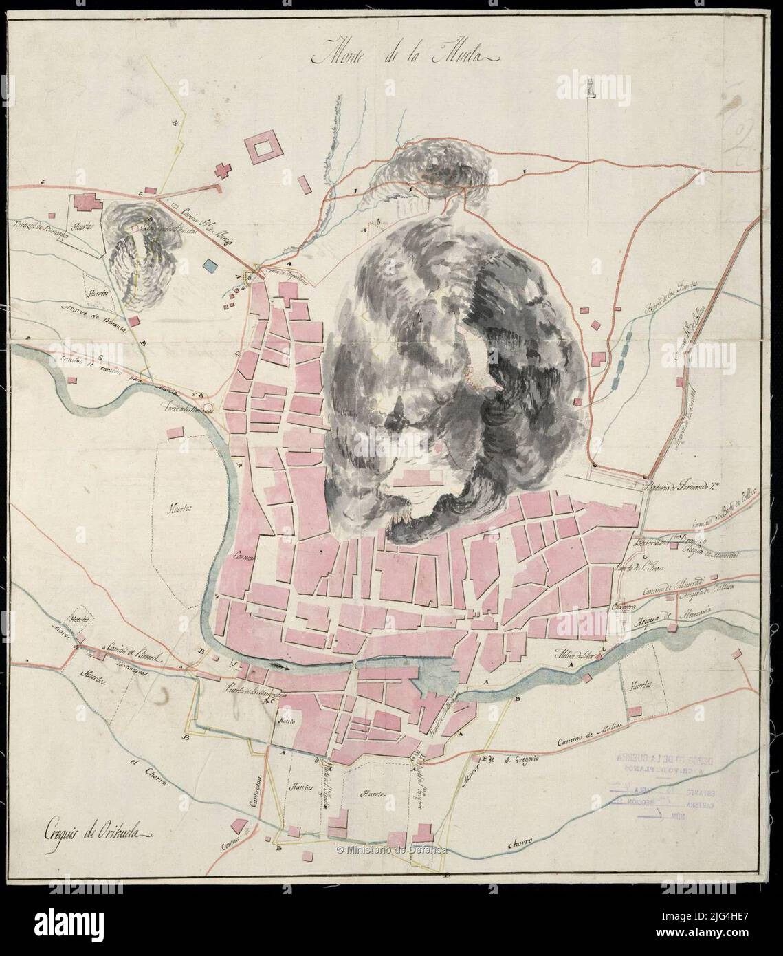 Schizzo Orihuela. Scritto a mano con inchiostro nero e colorato con l'acquerello in grigio, ocra, blu, giallo e carminio orientato con la torre a metà rilievo rappresentata da ombreggiatura indica fortificazioni della città, frutteti e possibilità incompleta, la spiegazione è mancante, la spiegazione è mancante Foto Stock