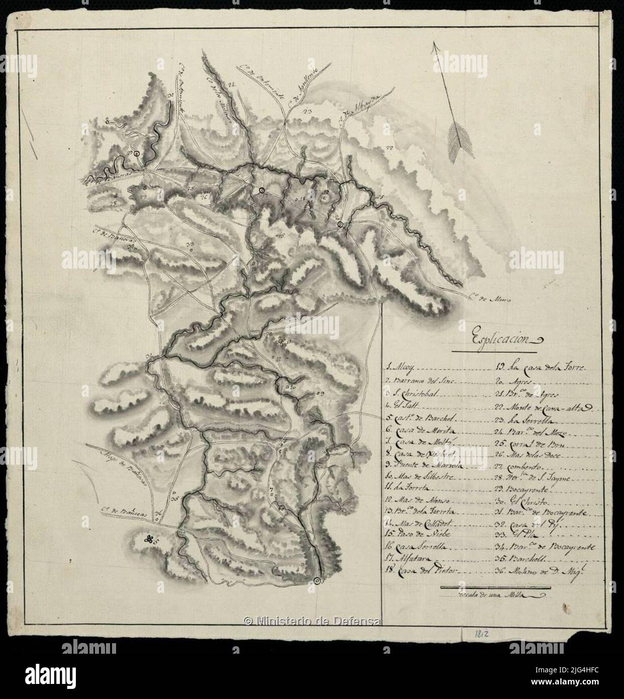 [Mappa delle province di Alicante e Valencia tra Alcoy e Bocairente]. Il proprio titolo scritto a partire dal contenuto scientifico del documento comprende parte della provincia di Alicante e Valencia scritta a mano in inchiostro nero con una freccia di rilievo rappresentata dalla relazione ombra dei principali incidenti geografici, edifici civili, strade, castelli e centri abitati di diverse categorie indicati da un tasto numerico Foto Stock