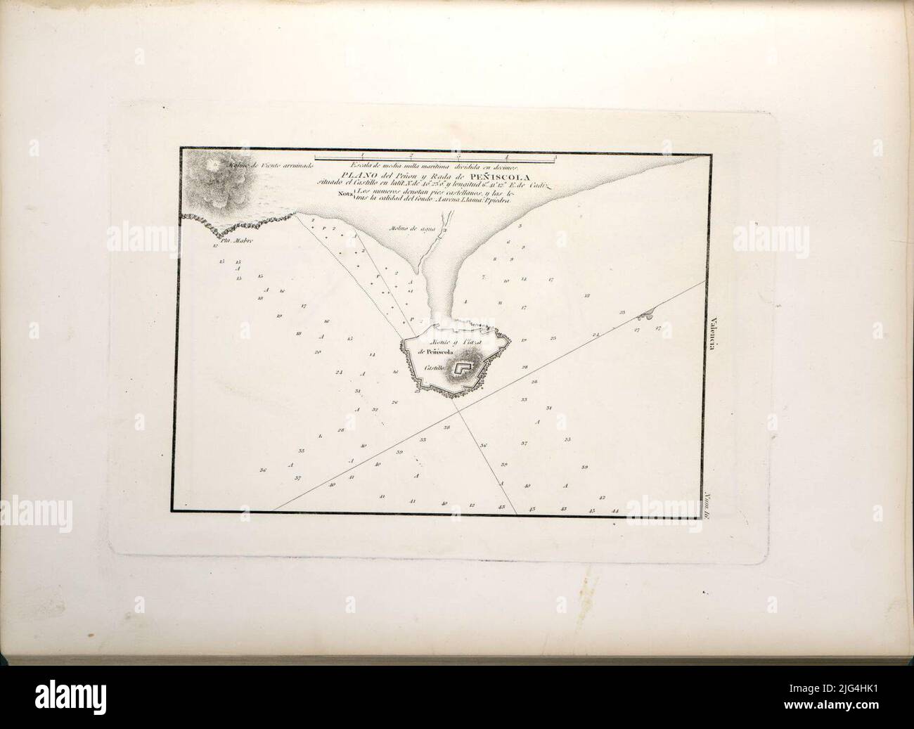 Peñón e Rada de Peñíscola. Menzione di responsabilità e piede di stampa preso dalla copertura della scala grafica Atlas di 1/2 miglia marine [= 10,4 cm]. Coordinate del castello riferite al meridiano di Cádiz (e 6 ° 41'12 '/n 40 ° 25'00'). Orientato con lis medio in quattro -top nodo localizza la Plaza y Castillo de Peñíscola nel margine destro: 'Valencia' questa lettera è stata anche pubblicata in un foglio sciolto Foto Stock