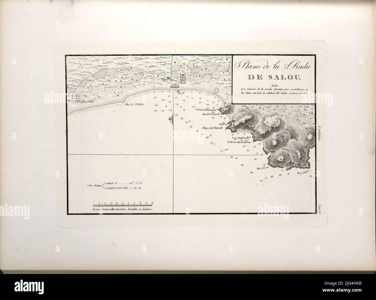 Piano del Salou Rada. Menzione di responsabilità e piede di stampa preso dalla copertura dell'Atlante Scala grafica di un miglio marino [= 6,2 cm]. Capo Salou coordinate riferendosi al meridiano di Cádiz (e 7 ° 26'47 '/n 41 ° 03'52'). Orientato con metà lis in quattro -diretto nodo sul margine destro: 'Catalonia' questa lettera è stata anche pubblicata in un foglio sciolto Foto Stock