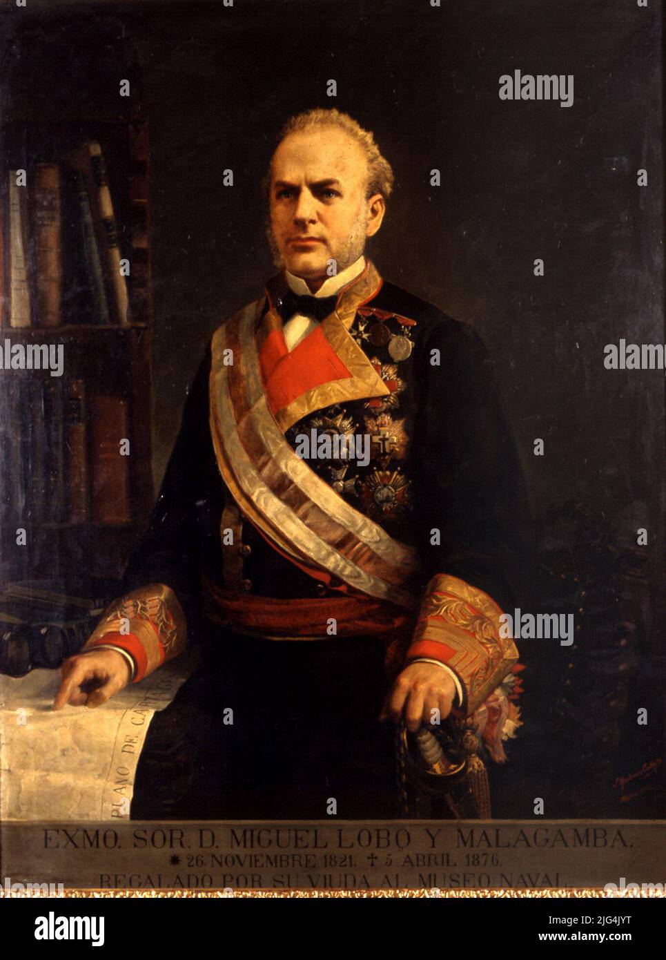 Ritratto del controllore della Marina Miguel Lobo Malagamba (1818-1876). Telaio. In piedi, uniforme di gala di Comptroller. Piatto con Grand Cruz e banda dell'Ordine di San Hermenegildo. Targa Naval Merit e banda con badge bianco. Piatto e banda dell'Ordine di Isabel la Católica. Cruz de San Fernando. Perno con tre decorazioni: Cruz de Africa (1860). Classe San Fernando 1st con lodi distinti. Bombardamenti a Callao (1866). FDO. Nell'angolo inferiore. J. Martínez Cubells / M. 1881. Miguel Lobo Malagamba è stato il più grande generale della squadra del Pacifico a bordo della Numancia.Serie: Ritratti. Spagna na Foto Stock