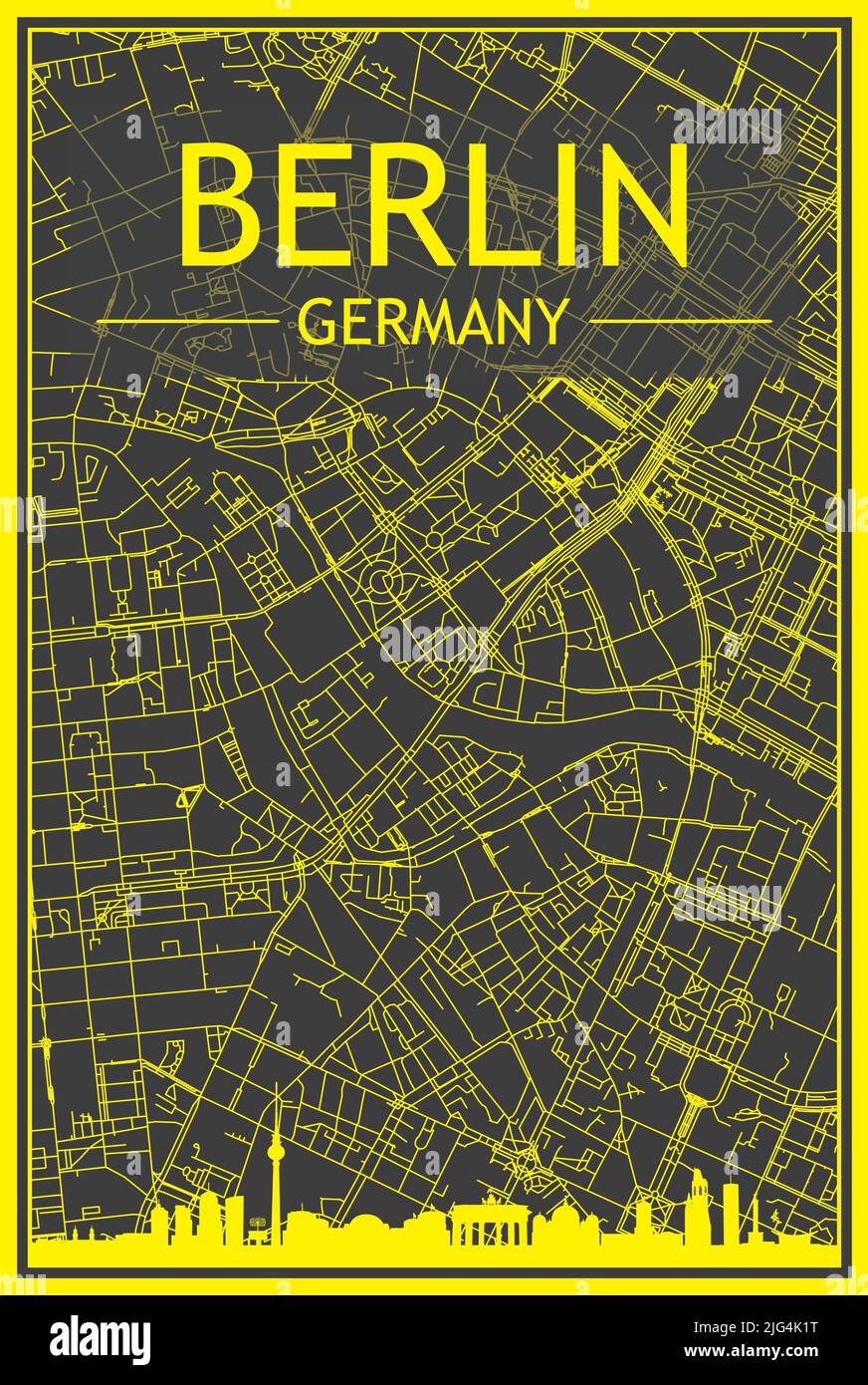 Poster giallo stampato della città con skyline panoramico e rete di strade disegnate a mano su sfondo grigio scuro del centro DI BERLINO, GERMANIA Illustrazione Vettoriale