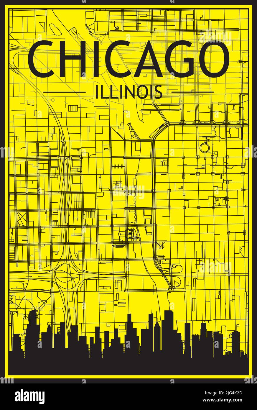 Stampa dorata poster della città con skyline panoramico e rete di strade disegnate a mano su sfondo giallo e nero del centro di CHICAGO, ILLINOIS Illustrazione Vettoriale