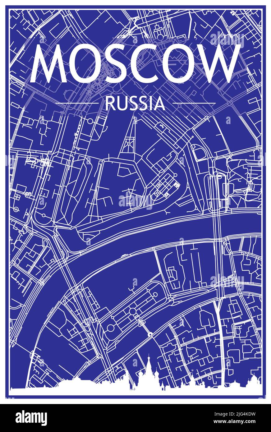 Stampa del disegno tecnico poster della città con skyline panoramico e rete di strade disegnate a mano su sfondo blu del centro DI MOSCA, RUSSIA Illustrazione Vettoriale