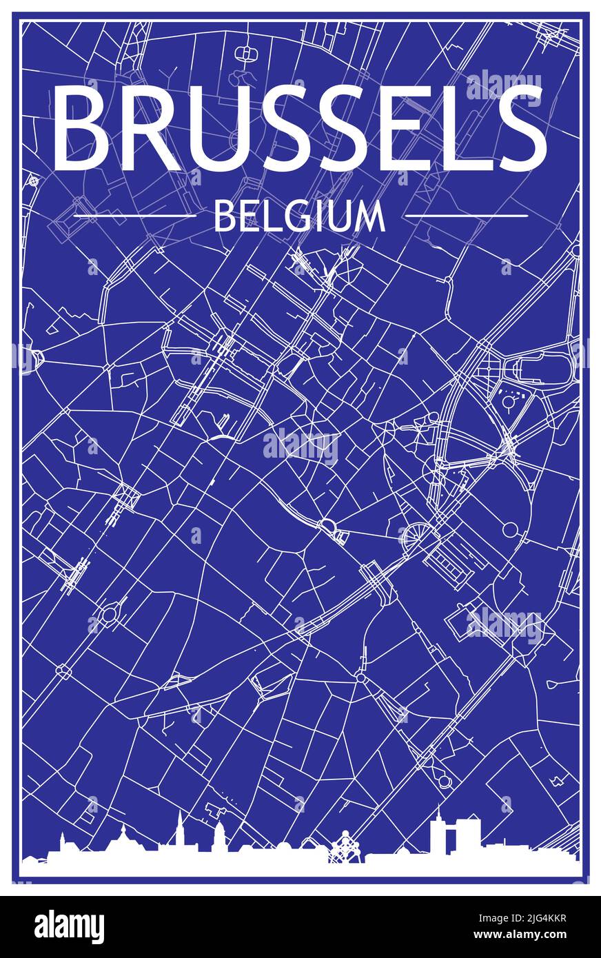 Stampa del disegno tecnico poster della città con skyline panoramico e rete di strade disegnate a mano su sfondo blu del centro di BRUXELLES, BELGIO Illustrazione Vettoriale