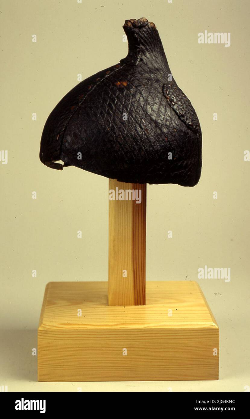 Elmetto del sud-est asiatico o Isole del Pacifico. Casco. Casco in pelle UIN di bilance cucite davanti con vijuco e sui lati due cuciture solo a metà rifinita in due piccole superfly. L'interno foderato di tubi in tessuto con bejuco, il bordo è sormontato in Bejuco. Foto Stock Elmetto del sud-est asiatico o Isole del Pacifico. Casco. Casco in pelle UIN di bilance cucite davanti con vijuco e sui lati due cuciture solo a metà rifinita in due piccole superfly. L'interno foderato di tubi in tessuto con bejuco, il bordo è sormontato in Bejuco. Foto Stock