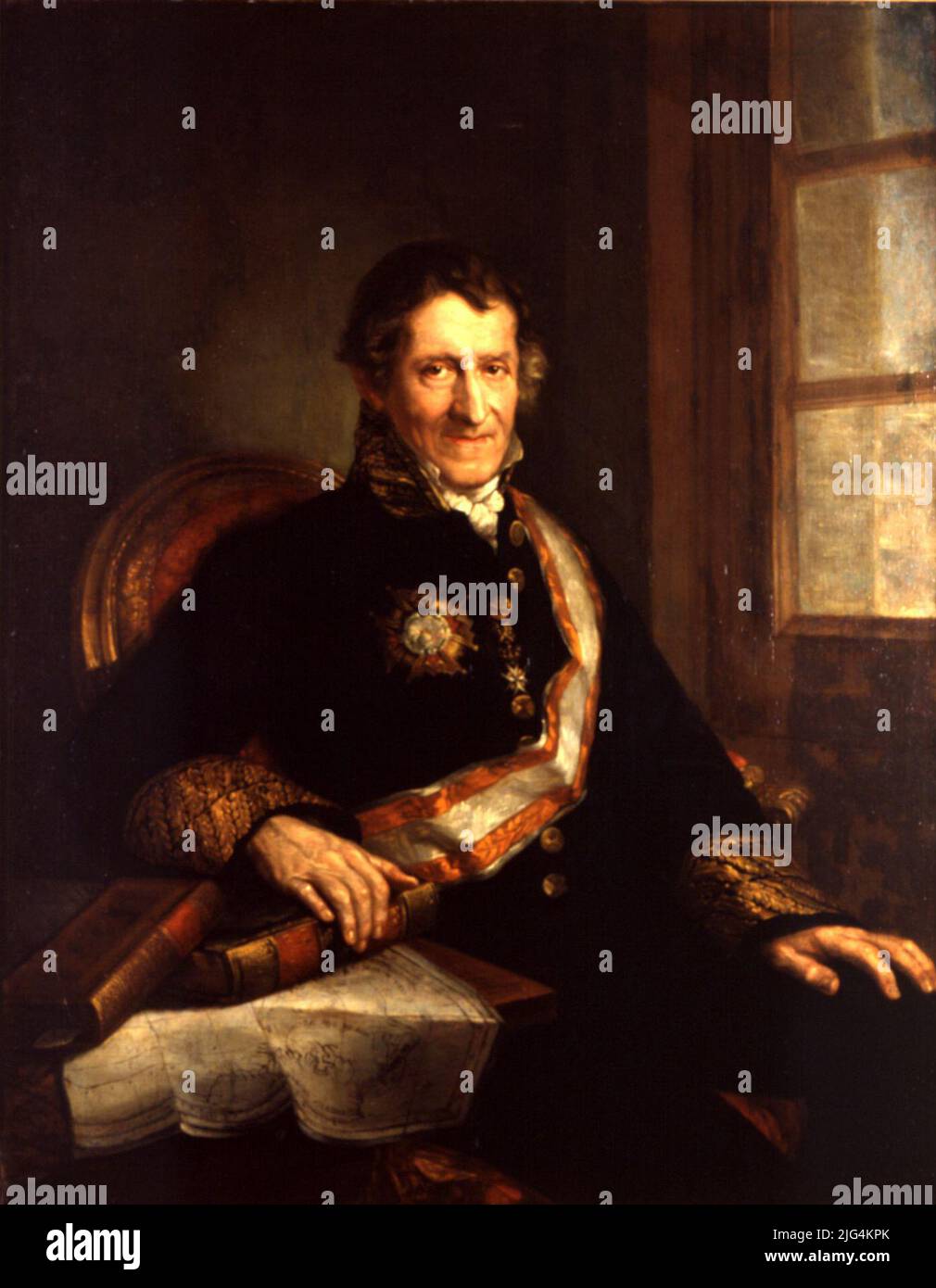Ritratto del Capitano Martín Fernández Navarrete (1765-1844). Telaio. Ritratto in cui appare seduto con l'uniforme di gala del Consigliere di Stato, piatto e banda della Grande Croce dell'Ordine di Isabel la Católica e la Venera dell'Ordine di San Juan de Jerusalen. Braccio sinistro supportato da un tavolo con due libri e una mappa. A sinistra una finestra: Ritratti. Foto Stock