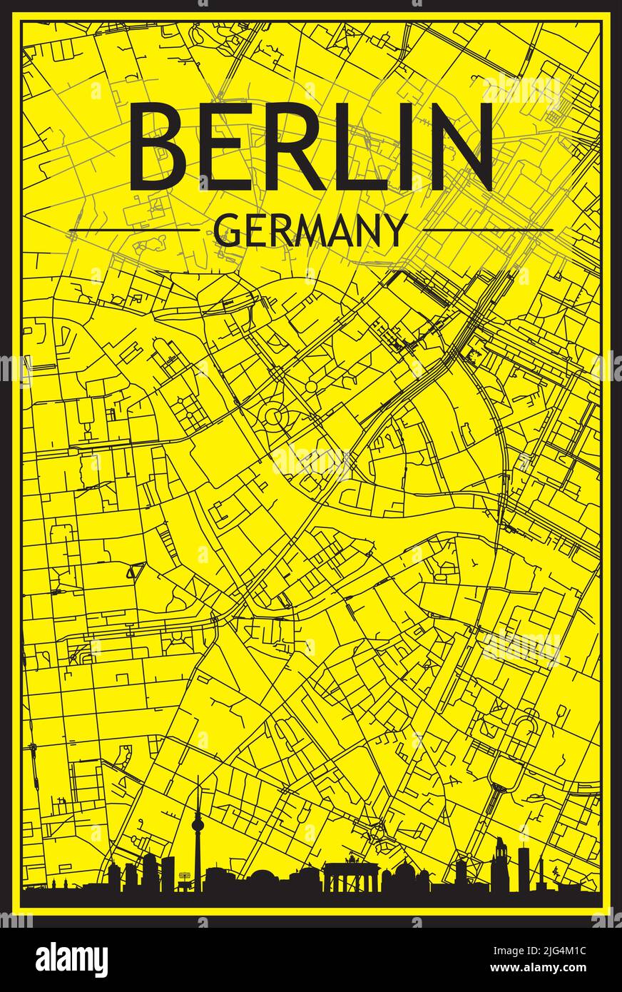 Stampa dorata poster della città con skyline panoramico e rete di strade disegnate a mano su sfondo giallo e nero del centro DI BERLINO, GERMANIA Illustrazione Vettoriale