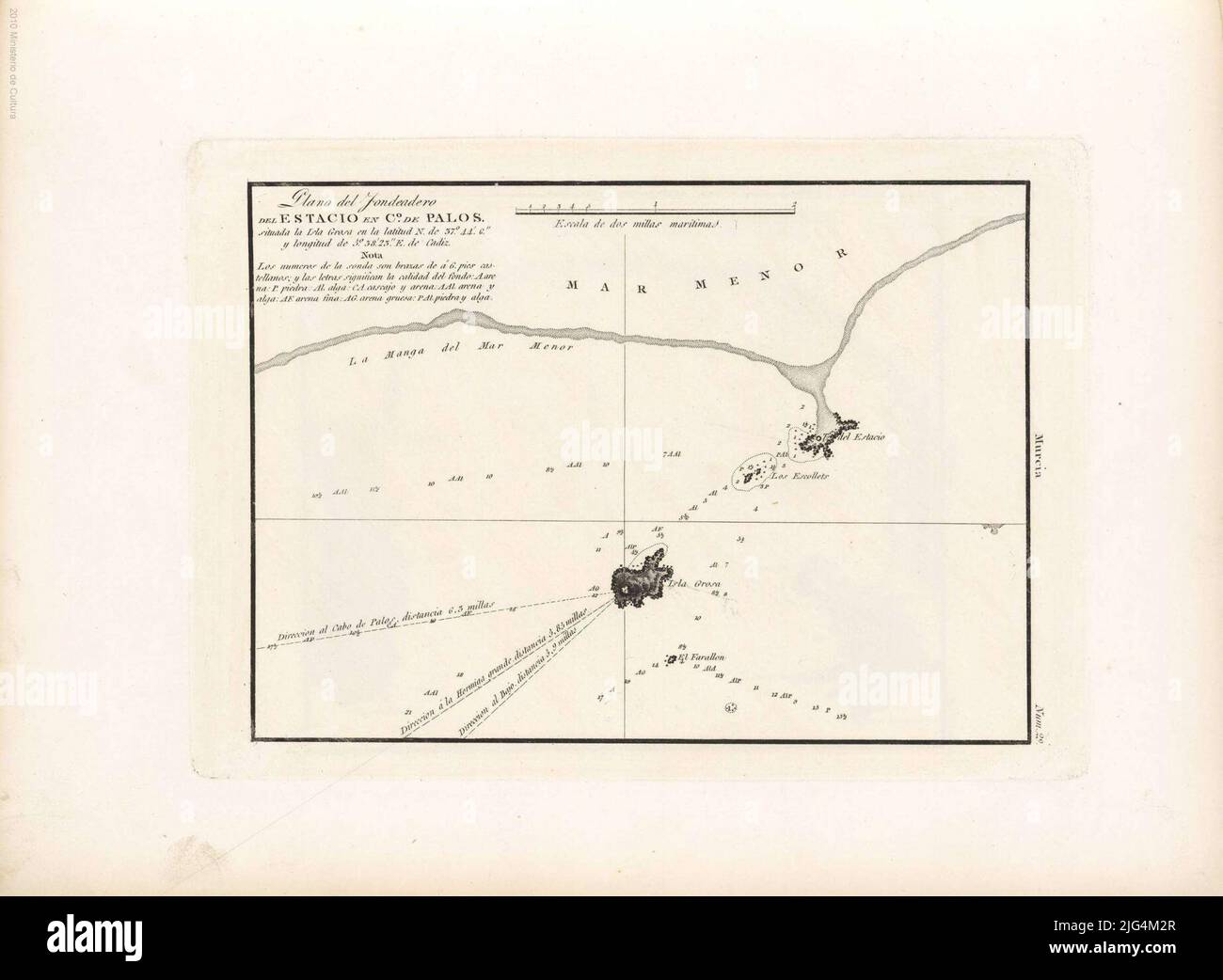 Piano di ancoraggio di Estacio a C. ° de Palos. Scala grafica di 2 miglia marittime [= 9 cm]. Coordinate dell'Isola Gosa riferite al Meridiano di Cádiz (e 5° 38'23 '/n 37° 44'06'). Orientato con lis medio in quattro nodi indica sonde, Verile e basso i numeri delle sonde sono fathoms di 6 piedi tasto alfabetico castigliano per indicare la qualità del fondo di rilievo rappresentato da piano schematico normale e ombreggiato della toponimia costiera della città indica la direzione e la distanza dall'isola di Gosa a Cabo de Palos, la grande formica e un basso che non è specificato nella righ Foto Stock