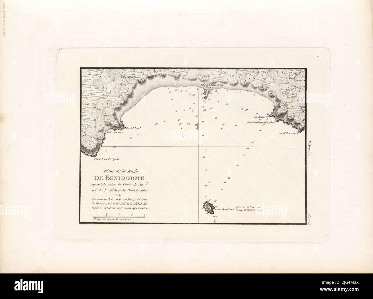 Benedorme Rada piano: Tra la Punta de Aguilo e l'Escaleta. Scala grafica di un miglio marino [= 5,4 cm]. Coordinate dell'isolotto di benidorm riferite al Meridiano di Cádiz (e 6° 13'12 '/n 38° 30'30'). Orientato con lis medio in quattro rumbo nodo indica sonde i numeri delle sonde sono fathoms di 6 piedi tasto alfabetico castigliano per indicare la qualità del rilievo rappresentato da ombreggiatura normale e piatta della popolazione nel margine destro: 'Valencia' questa lettera è stata anche pubblicata in un foglio sfuso Foto Stock
