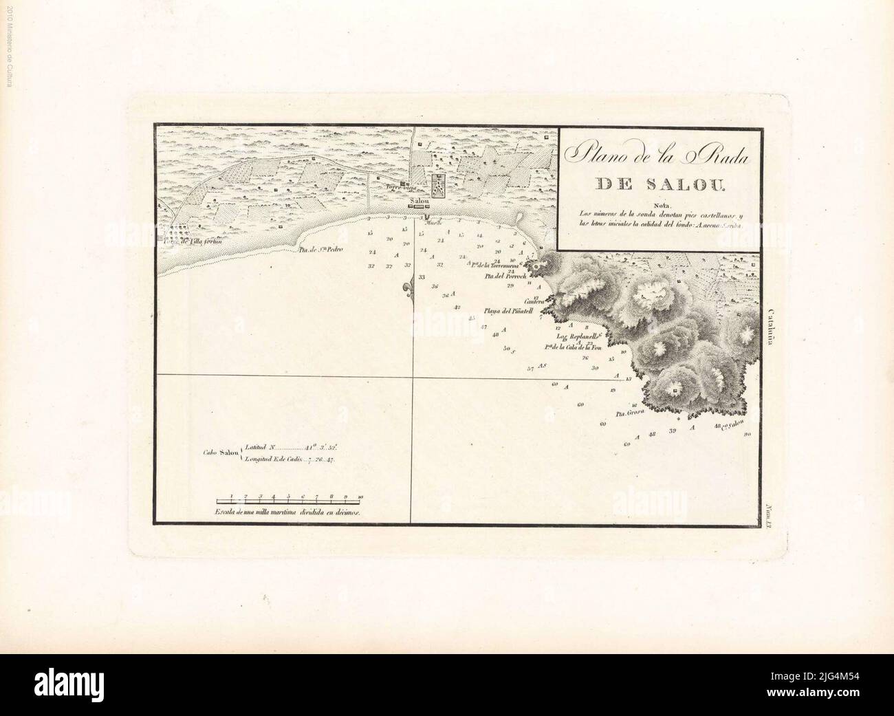 Piano del Salou Rada. Scala grafica di un miglio marino [= 6,2 cm]. Capo Salou coordinate riferendosi al meridiano di Cádiz (e 7 ° 26'47 '/n 41 ° 03'52'). Orientato con lis medio in quattro rumbo nodo indica sonde e Coastal veile sul margine destro: 'Catalonia' questa lettera è stata anche pubblicata in un foglio sciolto Foto Stock