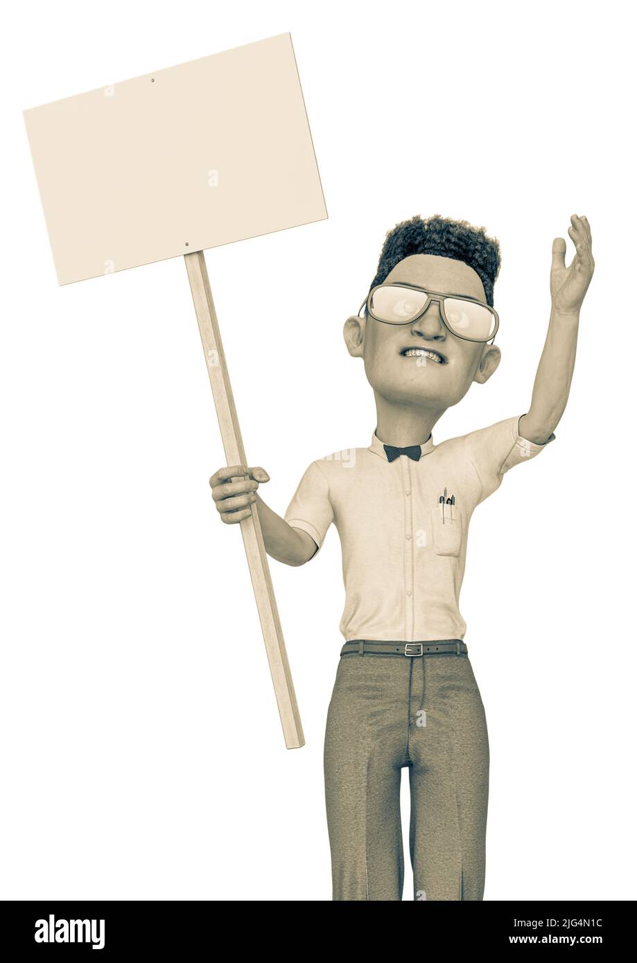 cartoni animati nerd che protestano. Questo ragazzo intelligente nel tracciato di ritaglio è molto utile per le vostre creazioni di disegno grafico divertente, illustrazione 3d Foto Stock