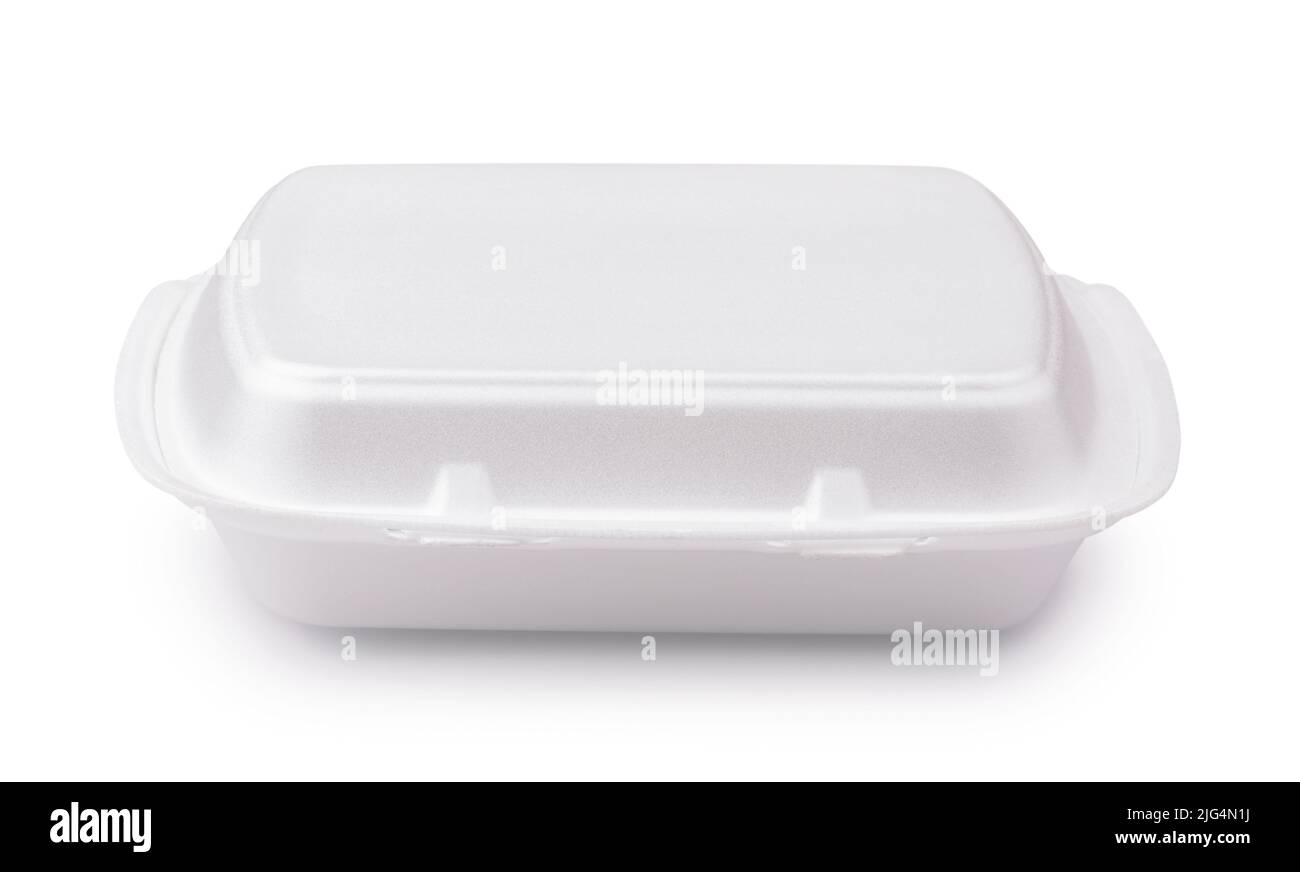 Vista frontale del contenitore per alimenti in polistirolo monouso bianco chiuso isolato su bianco Foto Stock