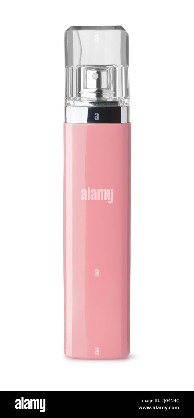 Vista frontale della bottiglia di profumo bianco rosa alta isolata su bianco Foto Stock