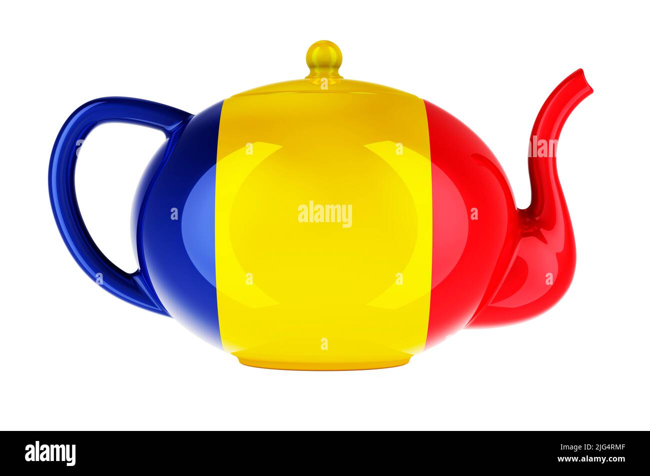Teiera con bandiera rumena, 3D rendering isolato su sfondo bianco Foto Stock