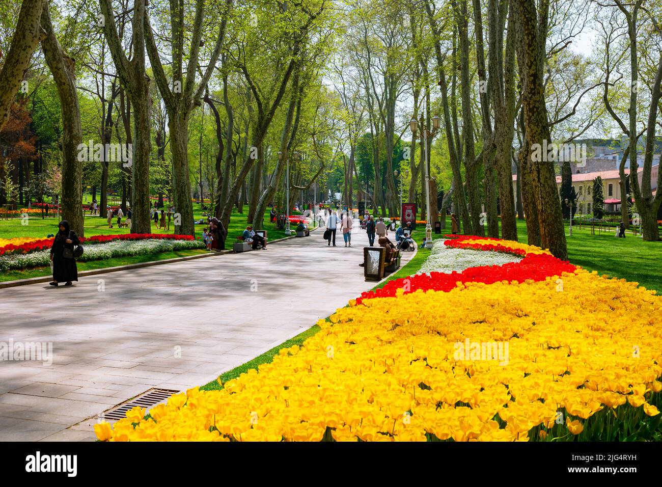 Stagione dei tulipani a Istanbul. Gulhane Parki o Gulhane Park in primavera. Istanbul Turchia - 4.25.2022 Foto Stock