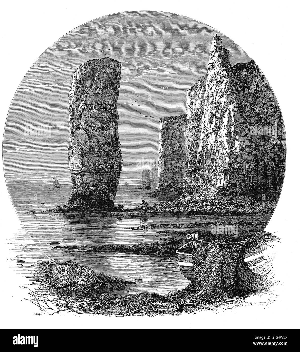 Felsenküste bei Bournemouth, 1860, im Südwesten von England, digital restaurierte Reproduktion einer Originalvorlage aus dem 19. Jahrhundert, genaues Originaldatum nicht bekannt / Rocky Coast vicino Bournemouth, 1860, nel sud-ovest dell'Inghilterra, riproduzioni digitalmente restaurate di un dipinto originale del 19th secolo, data originale esatta sconosciuta Foto Stock