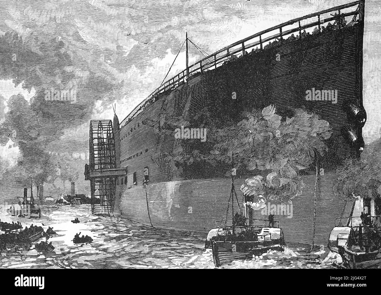 Der Rumpf des Schiff Great Eastern, ein 211 Meter langer stählerner Segeldampfer mit einem kombinierten Schaufelrad-, Schrauben- und Segelantrieb, Londra, Inghilterra, digital restaurierte Reproduktion einer Originalvorlage aus dem 19. Jahrhundert, genaues Originaldatum nicht bekannt / lo scafo della nave Great Eastern, una barca a vela in acciaio lunga 211 metri con ruota a pale combinata, propulsione a vite e vela, Londra, Inghilterra, riproduzione digitale restaurata di un originale del 19th secolo, data esatta originale non nota Foto Stock