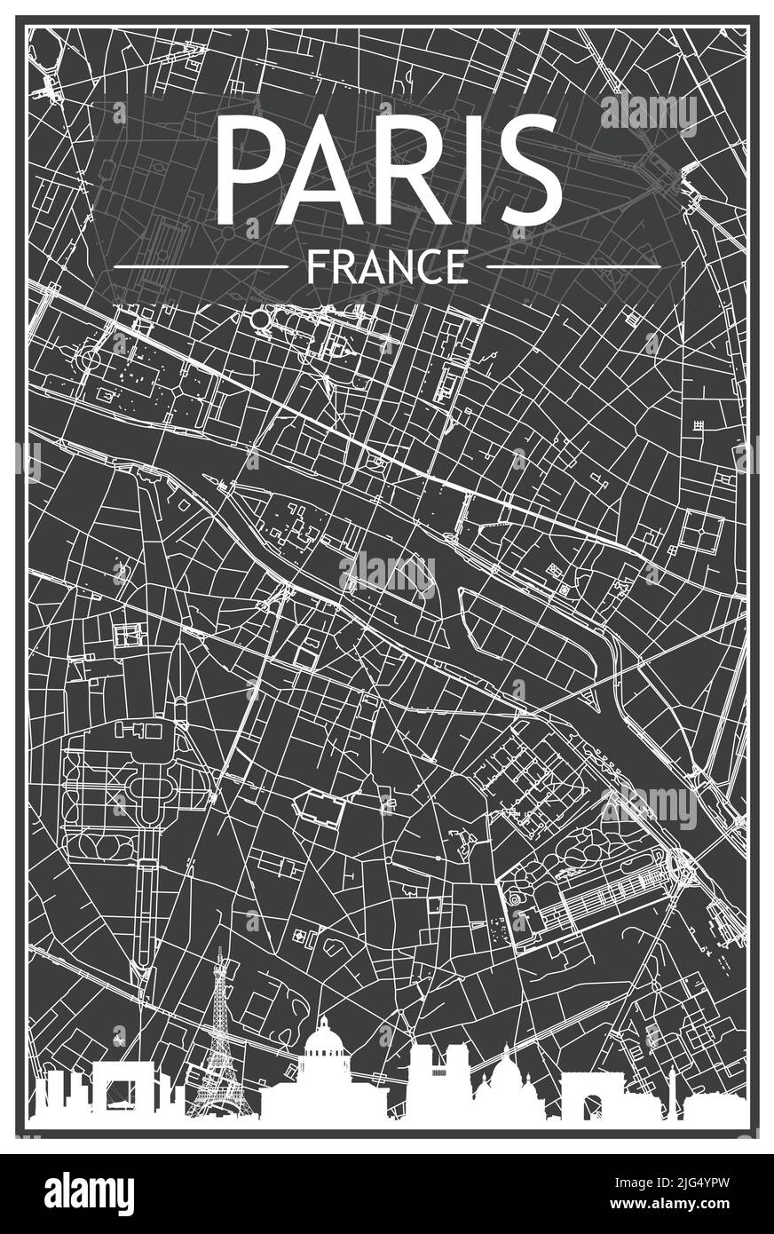 Stampa scura poster città con skyline panoramico e rete di strade disegnate a mano su sfondo grigio scuro del centro DI PARIGI, FRANCIA Illustrazione Vettoriale