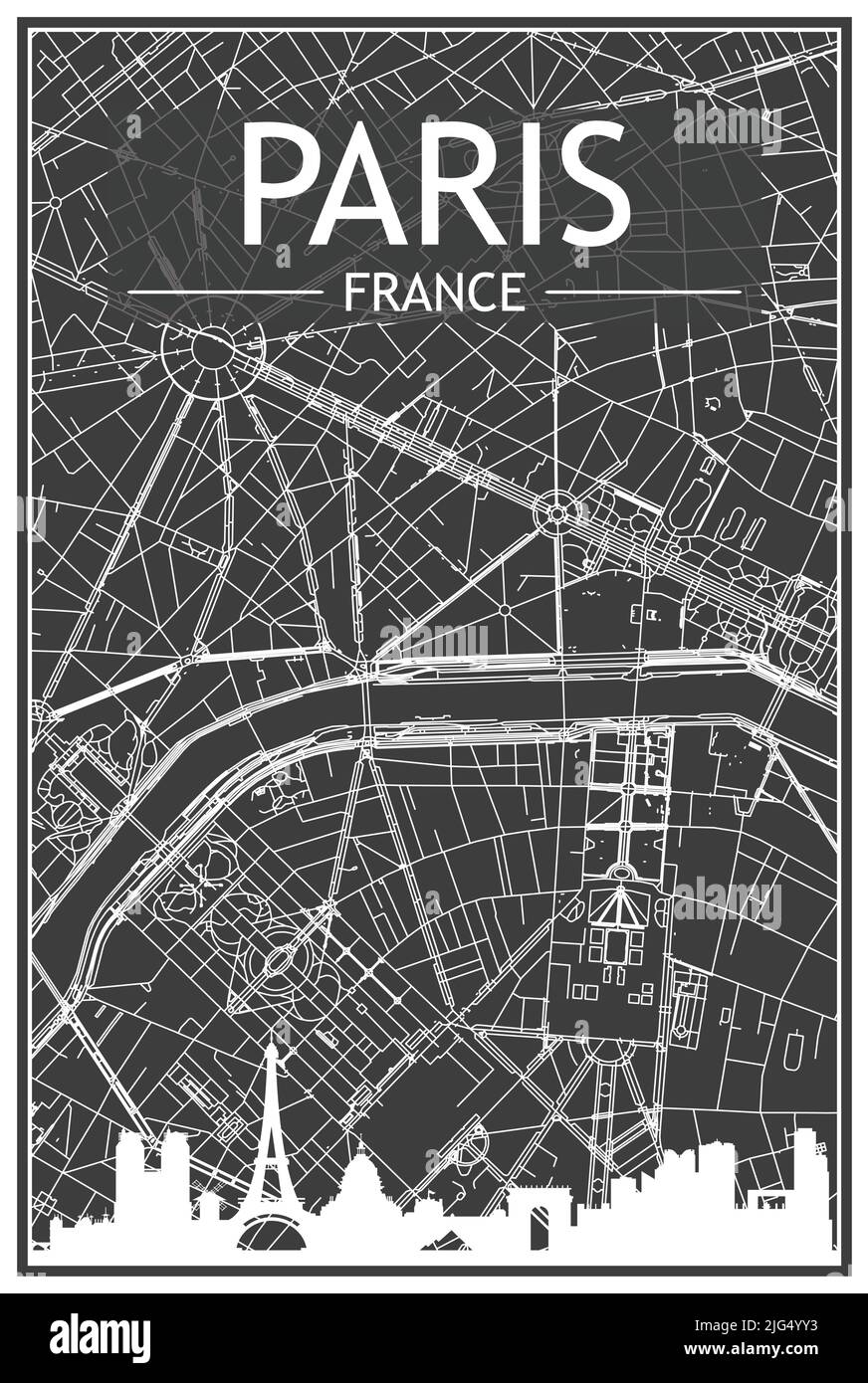 Stampa scura poster città con skyline panoramico e rete di strade disegnate a mano su sfondo grigio scuro del centro DI PARIGI, FRANCIA Illustrazione Vettoriale