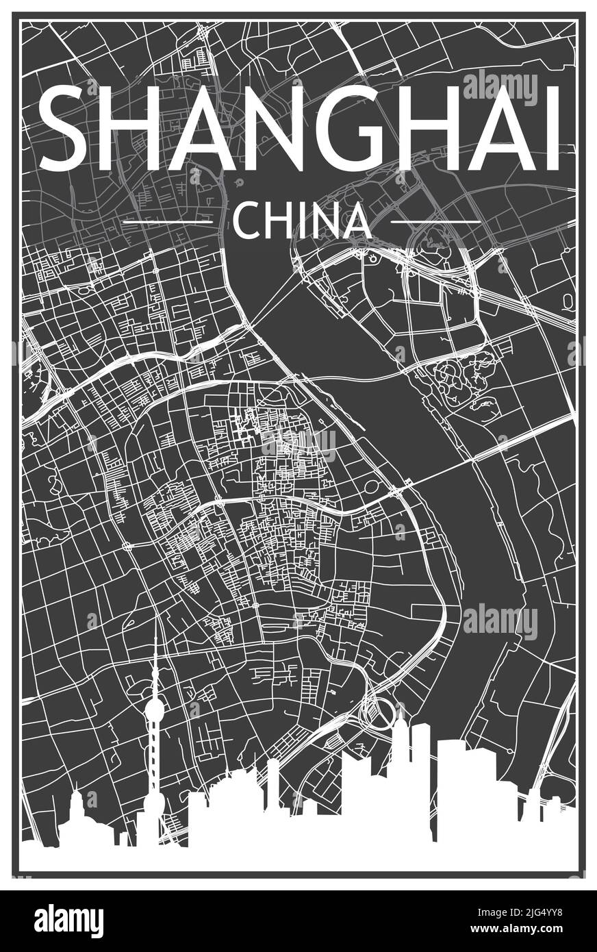 Stampa scura poster della città con skyline panoramico e rete di strade disegnate a mano su sfondo grigio scuro del centro di SHANGHAI, CINA Illustrazione Vettoriale