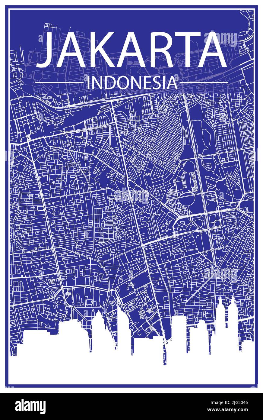 Stampa del disegno tecnico poster della città con skyline panoramico e rete di strade disegnate a mano su sfondo blu del centro DI JAKARTA, INDONESIA Illustrazione Vettoriale