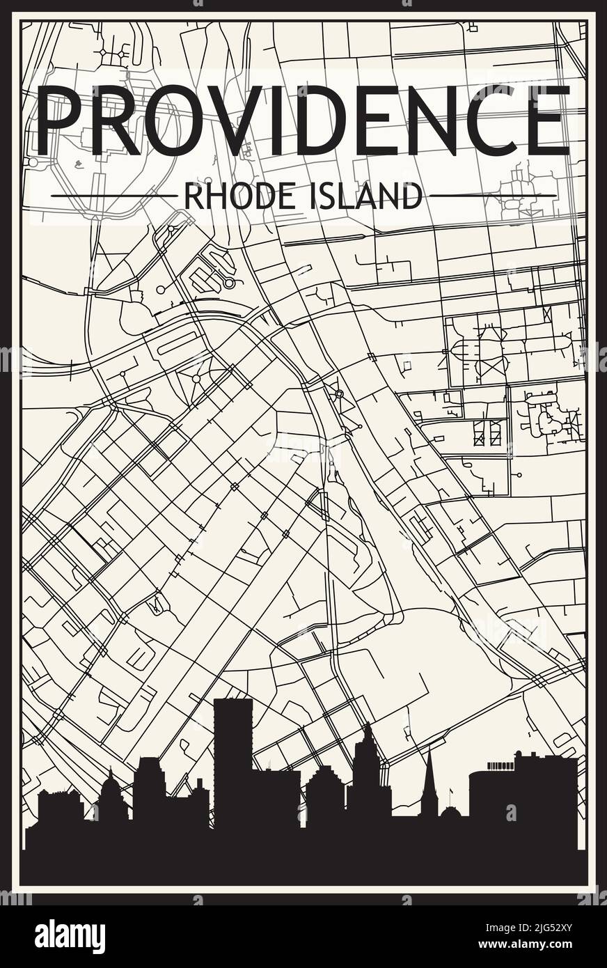 Stampa chiara poster della città con skyline panoramico e rete di strade disegnate a mano su sfondo beige vintage del centro di PROVIDENCE, RHODE ISLAND Illustrazione Vettoriale